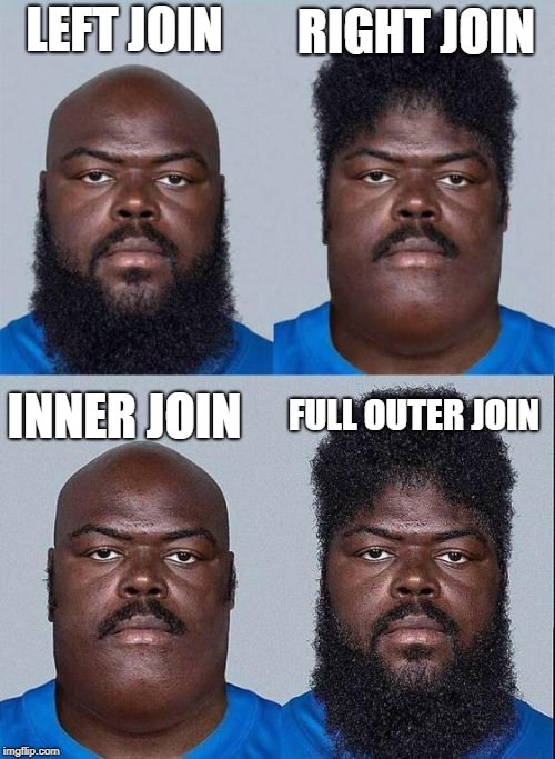 meme sobre los joins donde se explican mediante una persona en diferente fases usando su pelo y su barba.